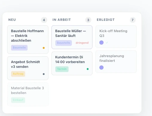 heyKumpel Projekte – Auftrags-Board mit Spalten Neu, In Arbeit und Erledigt